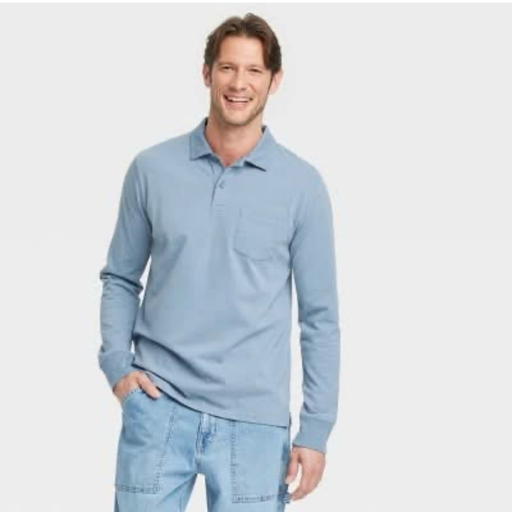 NWT VTG Goodfellow & Co. Men's Blue Long Sleeve Polo Shirt Men’s Size L  Cotton